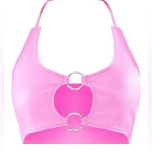 Pink ring detail coated denim top - pretty little thing crop top - size 4